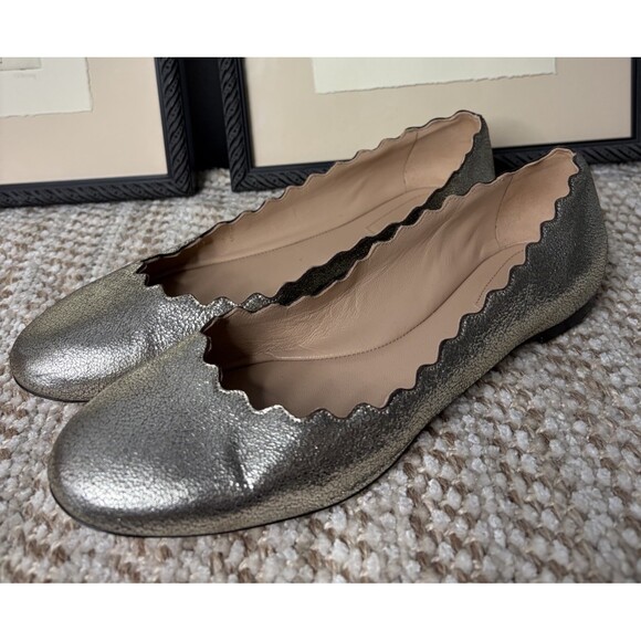 Chloe | Shoes | Chloe Lauren Scalloped Ballet Flats Pewter  Chloe Size EU 38.5/US 8 Metallic Neutral Scalloped Flats Ballet Clean (flaw)